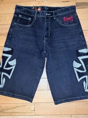 Ed Hardy navy denim rhinestone shorts with red and white accents Size 34